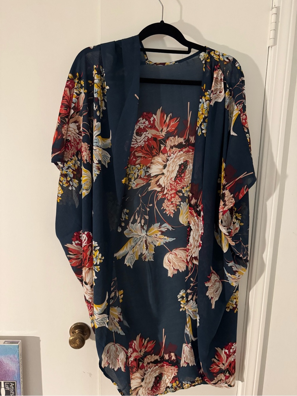 Navy Floral Kimono Cover-Up with Red & Cream Blooms (one size fits all)